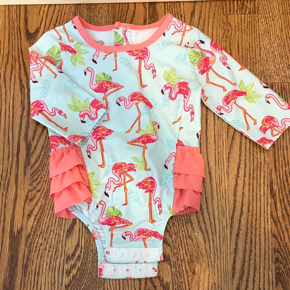Girls Flamingo Ruffle Long Sleeve One-Piece Swimsuit like new